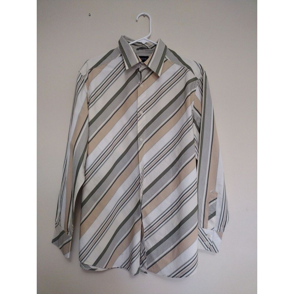 CLAIBORNE Button Down Shirt Men XL Tan Green Diagonal Striped Long Sleeves‎ - Picture 2 of 7